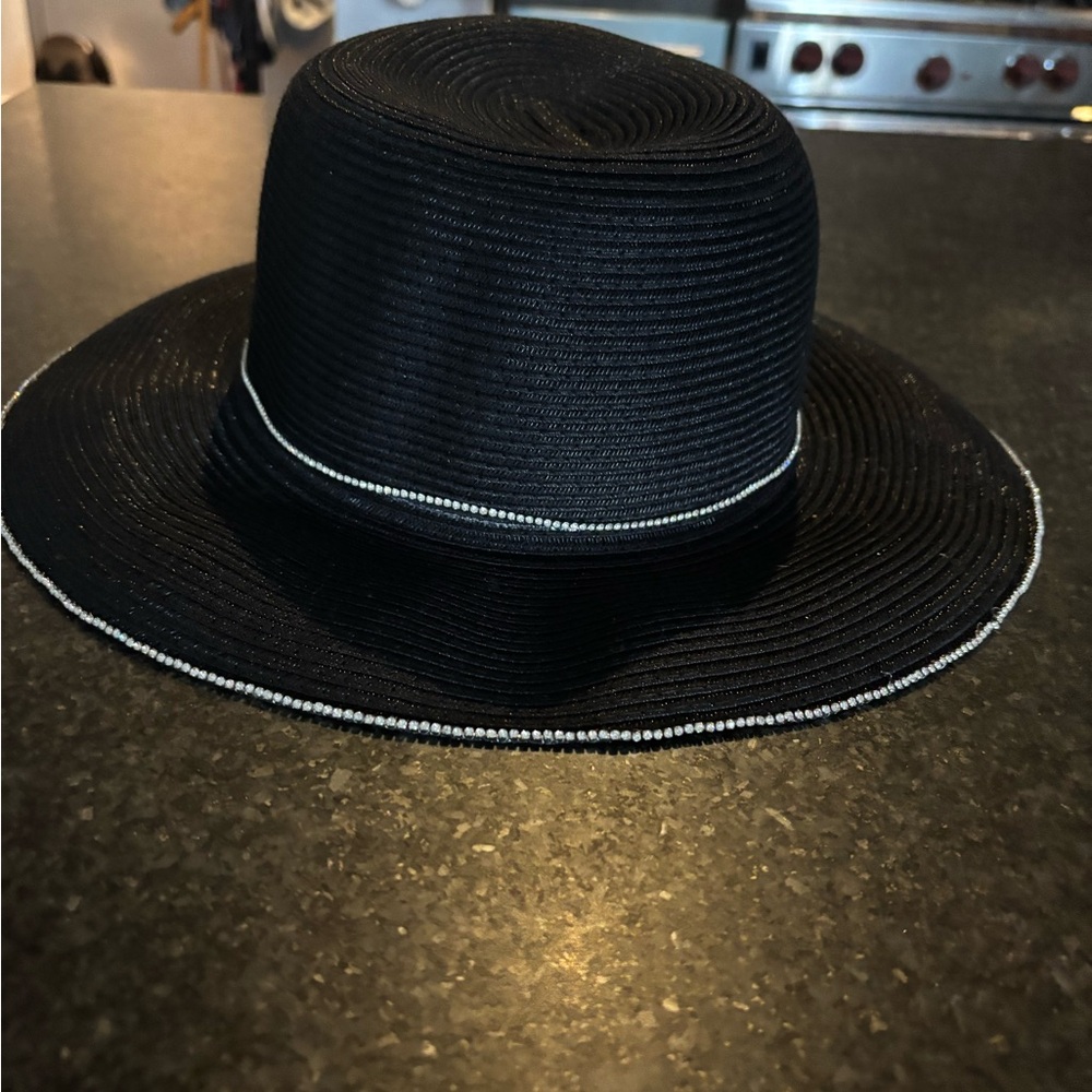 Floppy brim black straw hat with rhinestone detail